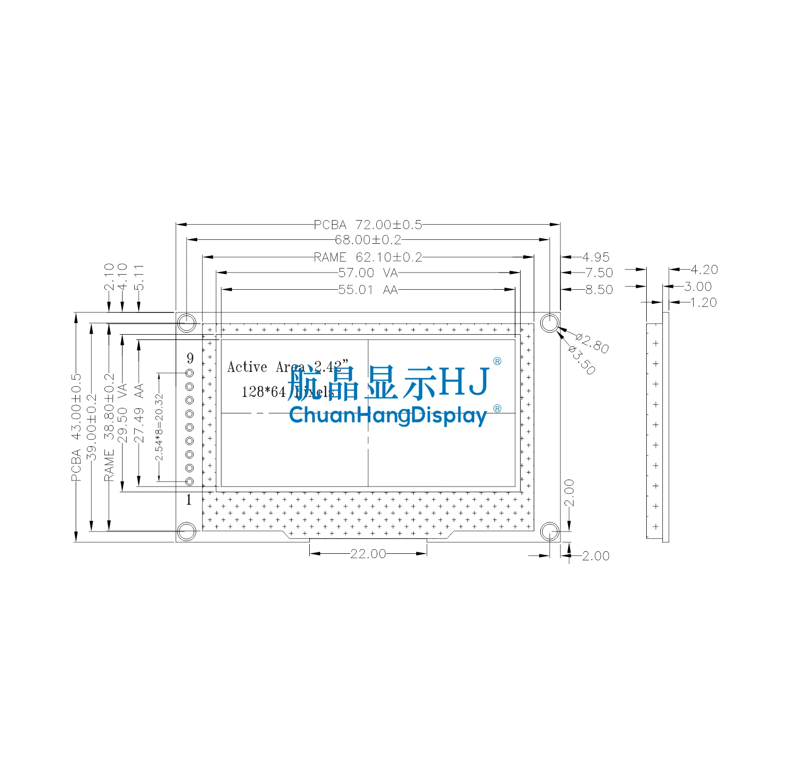 OLED de 2.42 pulgadas 128x64